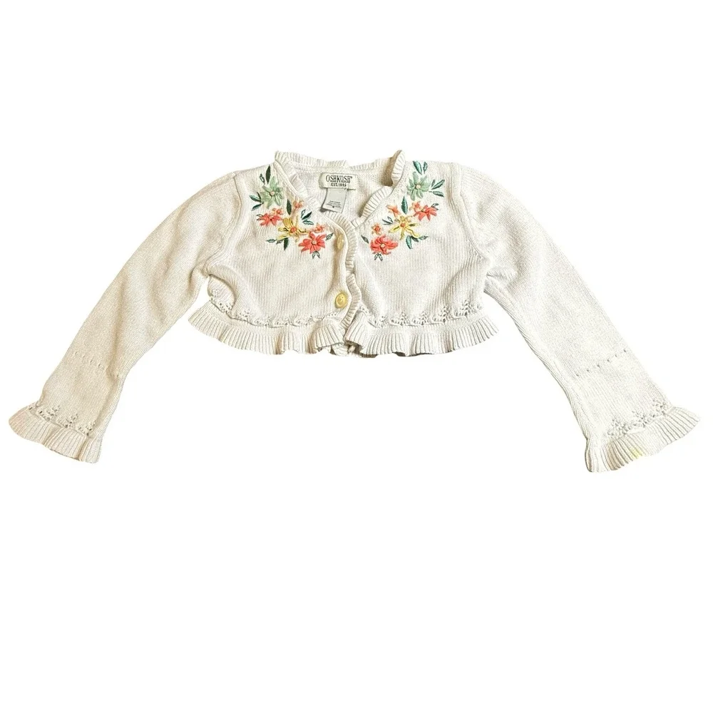 VTG OshKosh Bgosh Girls White Floral Embroidered Cropped Cardigan Sweater Size 5